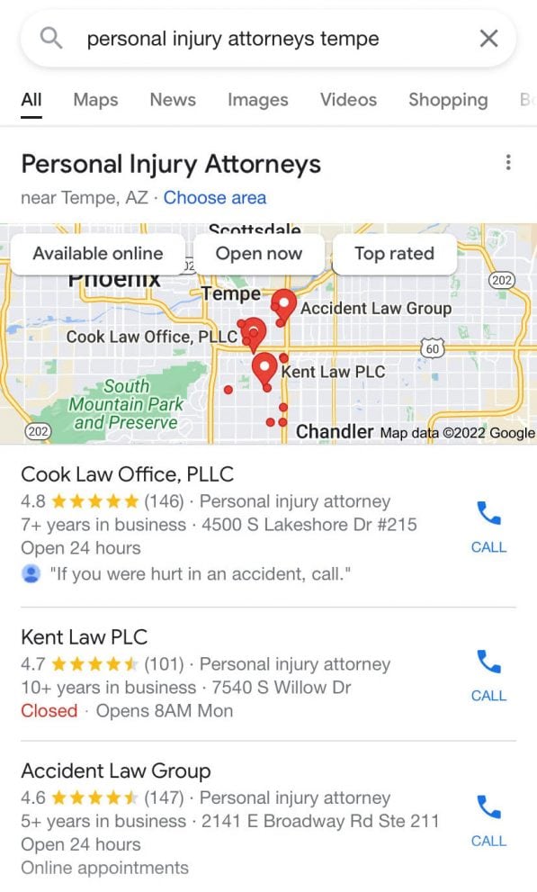 Local 3-Pack results for personal injury attorneys tempe