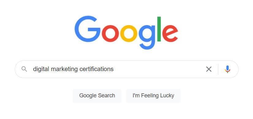 A Google search for digital marketing certifications