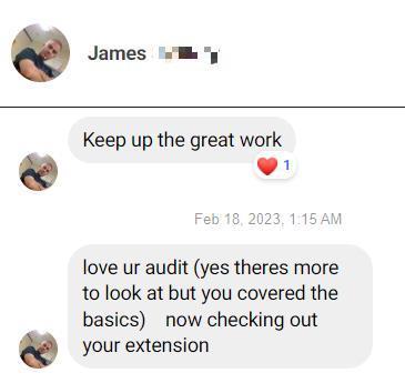 Positive review via FB Messenger from James