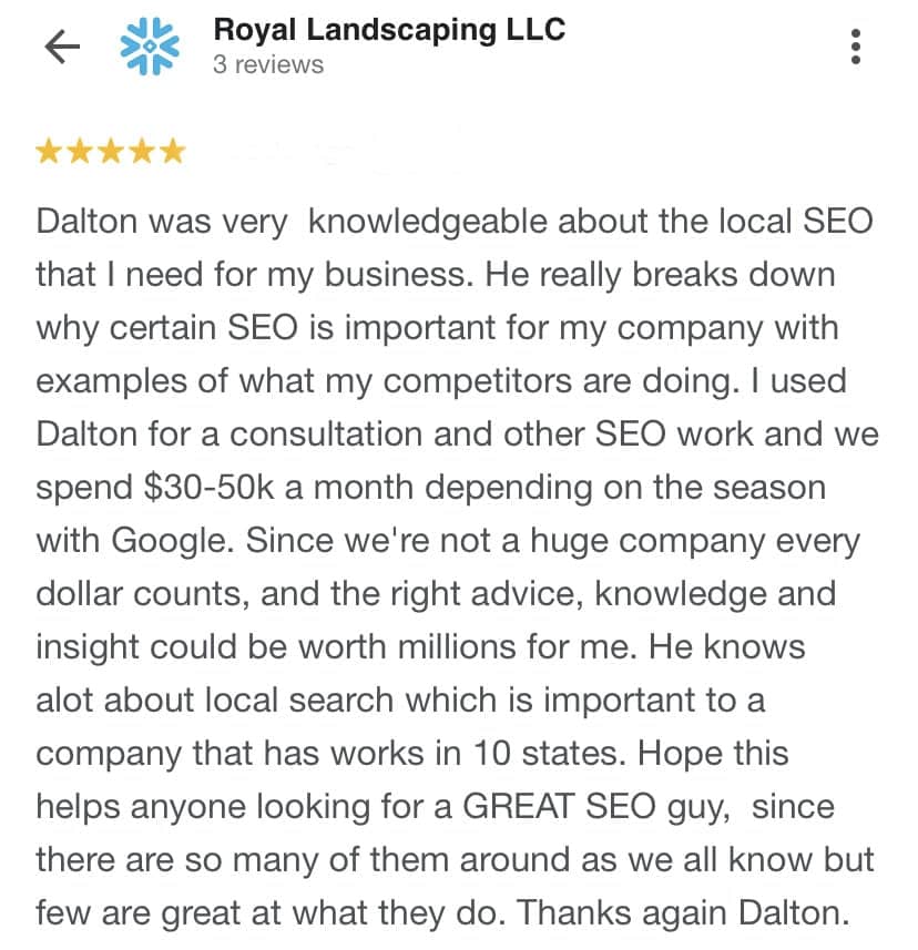 Google review from a landscaping company